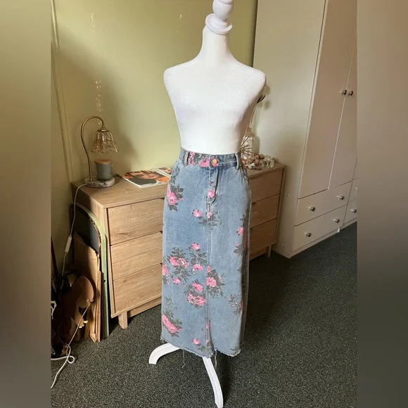 Vintage Cotton Denim Pink Wild Rose Floral Midi Maxi Side Slit High-Waist Skirt - Picture 5 of 16